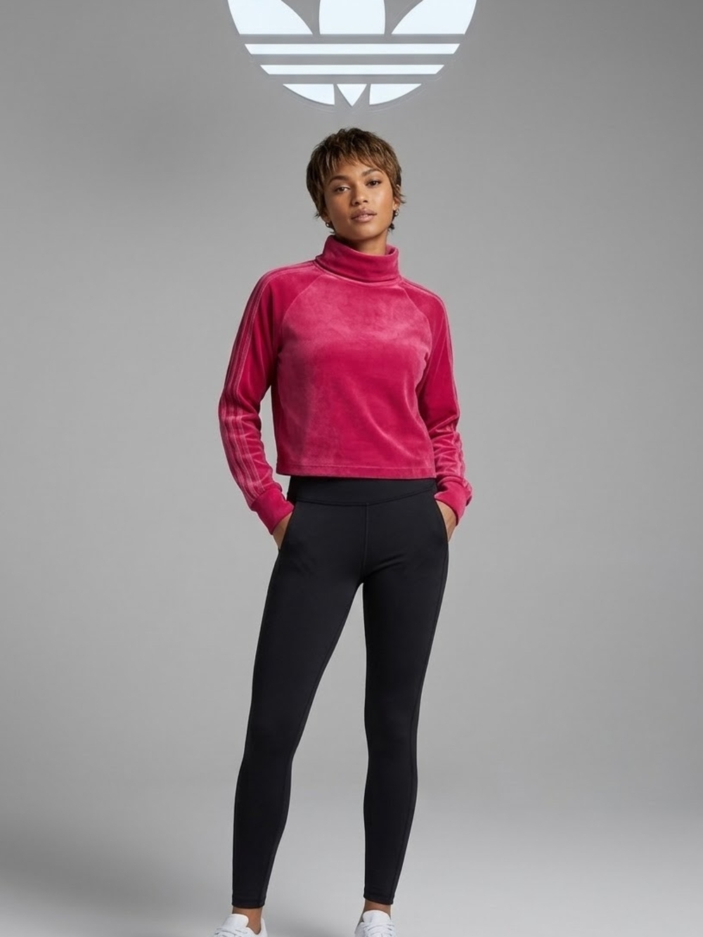 Adidas Pink Velour Cropped Turtleneck Pullover